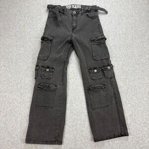 VIP Jeans Cargo Pants Girls 9/10 Gray Black Multi Pocket Wide Leg Goth Grunge